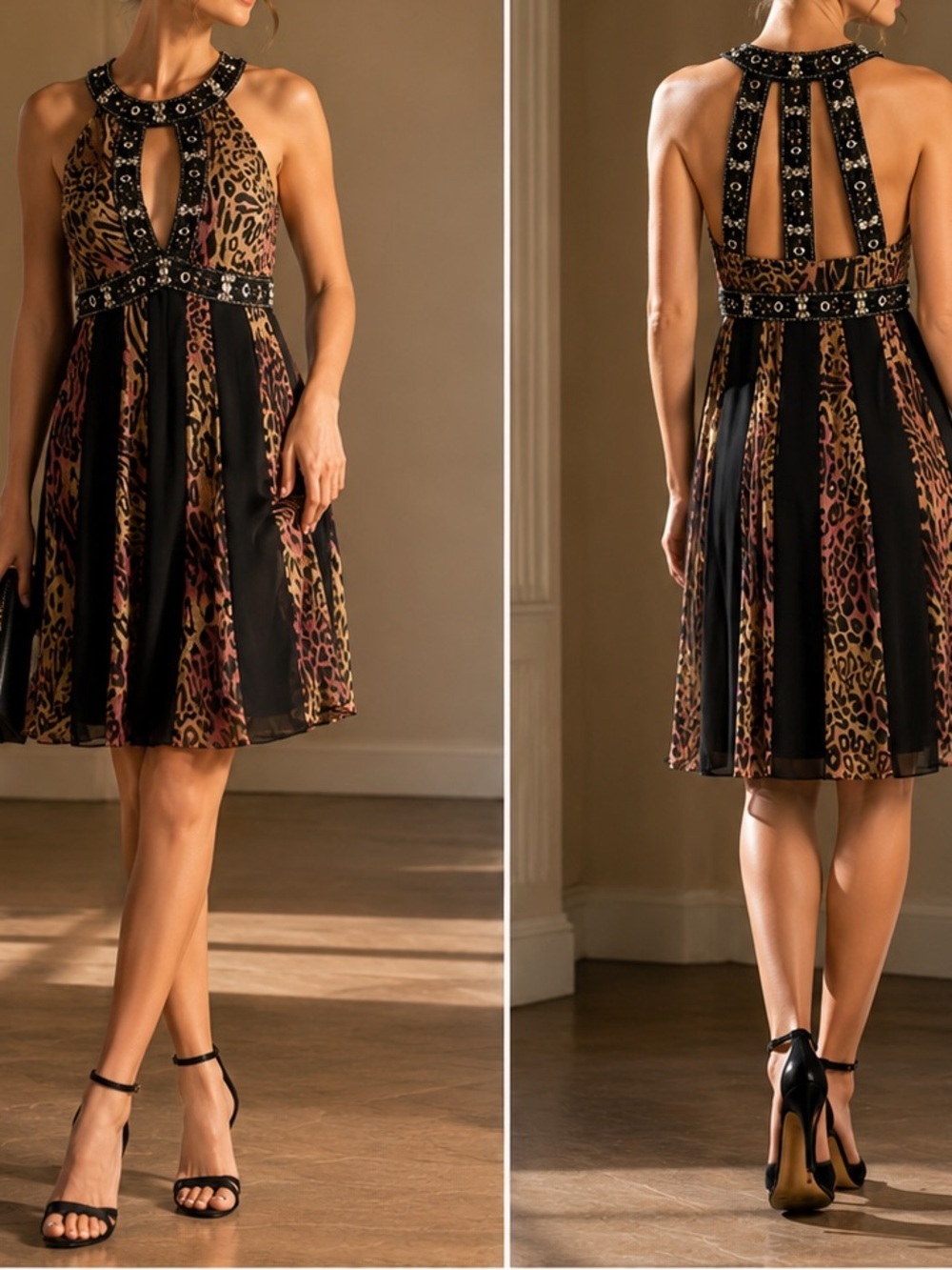 Sue Wong embellished leopard halter cocktail dress Size 6